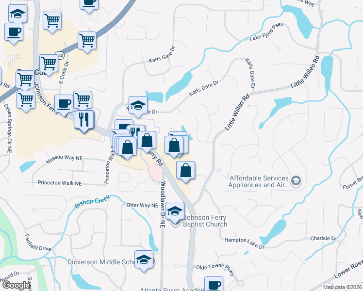 map of restaurants, bars, coffee shops, grocery stores, and more near 4724 Woodlawn Court in Marietta