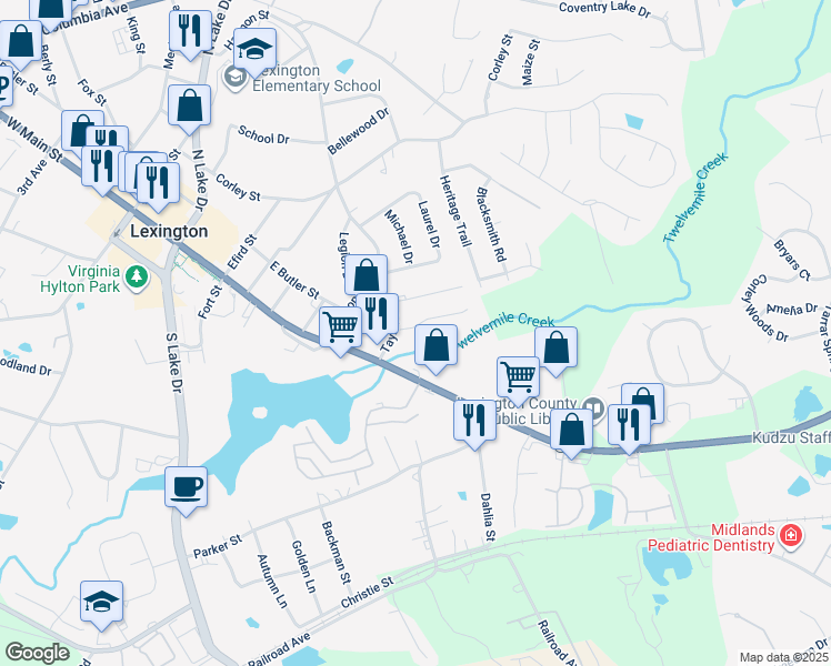 map of restaurants, bars, coffee shops, grocery stores, and more near 124 Tybo Drive in Lexington