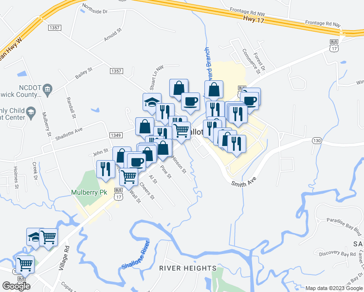 map of restaurants, bars, coffee shops, grocery stores, and more near 4605 Main Street in Shallotte