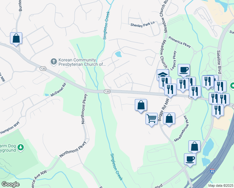 map of restaurants, bars, coffee shops, grocery stores, and more near 2313 Worrall Hill Drive in Duluth