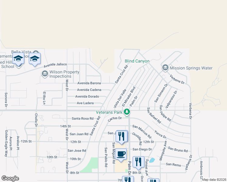 map of restaurants, bars, coffee shops, grocery stores, and more near 9720 Santa Cruz Road in Desert Hot Springs