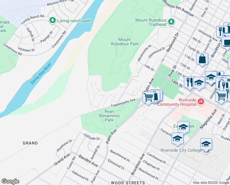 map of restaurants, bars, coffee shops, grocery stores, and more near 4710 Elderwood Court in Riverside
