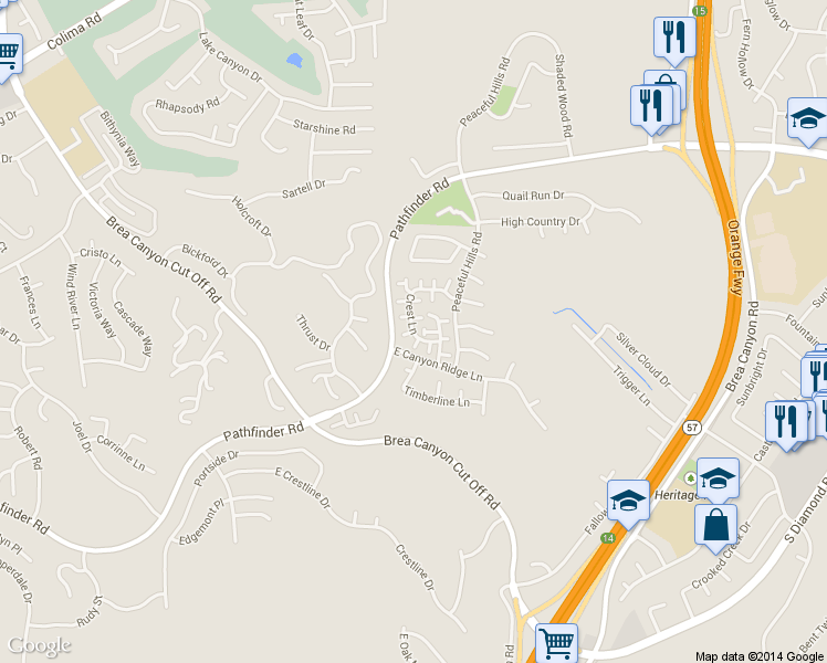 map of restaurants, bars, coffee shops, grocery stores, and more near 20701 East Crest Lane in Diamond Bar