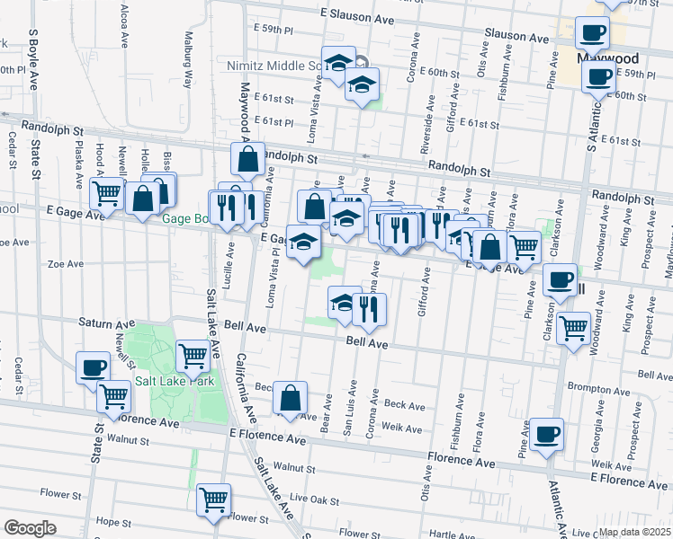 map of restaurants, bars, coffee shops, grocery stores, and more near 6515 Bear Avenue in Bell