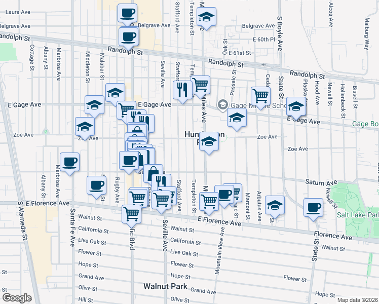 map of restaurants, bars, coffee shops, grocery stores, and more near 6722 Stafford Avenue in Huntington Park