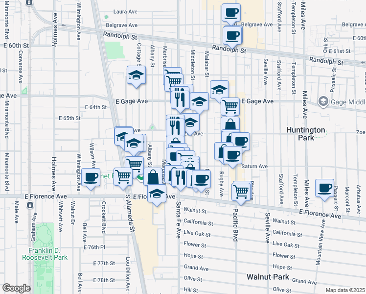 map of restaurants, bars, coffee shops, grocery stores, and more near 6722 Santa Fe Avenue in Huntington Park