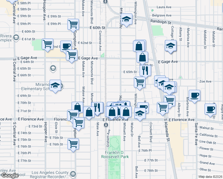 map of restaurants, bars, coffee shops, grocery stores, and more near 1735 East 68th Street in Los Angeles
