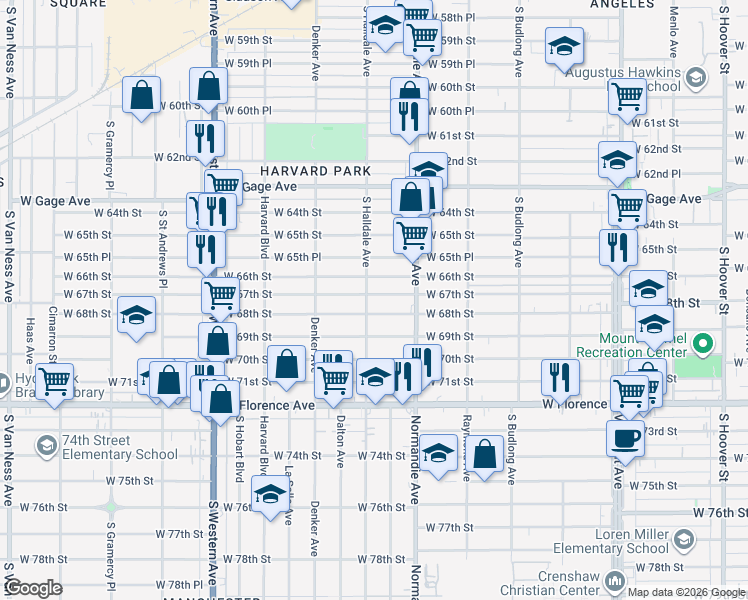map of restaurants, bars, coffee shops, grocery stores, and more near 1451 West 68th Street in Los Angeles