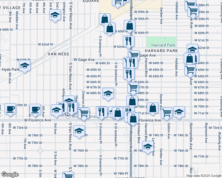 map of restaurants, bars, coffee shops, grocery stores, and more near 1941 West 68th Street in Los Angeles