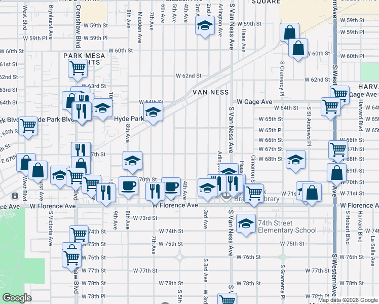 map of restaurants, bars, coffee shops, grocery stores, and more near 6702 4th Avenue in Los Angeles