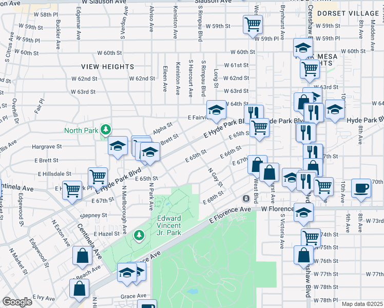 map of restaurants, bars, coffee shops, grocery stores, and more near 945 East 65th Street in Inglewood