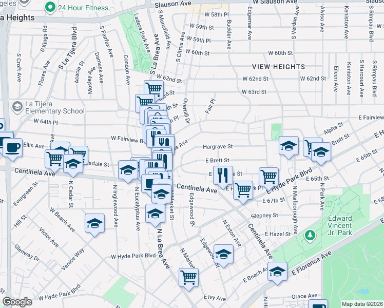 map of restaurants, bars, coffee shops, grocery stores, and more near 339 East Brett Street in Inglewood