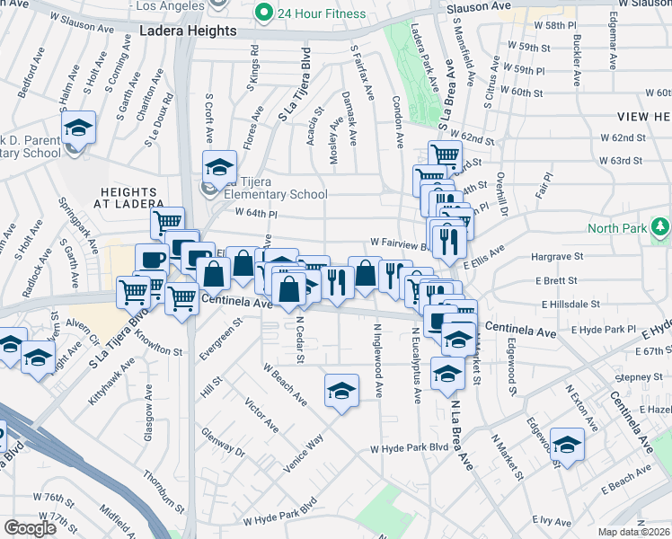 map of restaurants, bars, coffee shops, grocery stores, and more near 347 West Hillsdale Street in Inglewood