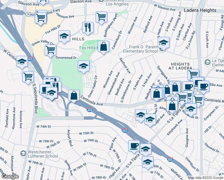 map of restaurants, bars, coffee shops, grocery stores, and more near 6650 Shenandoah Avenue in Los Angeles