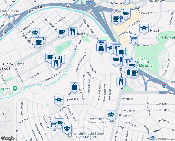 map of restaurants, bars, coffee shops, grocery stores, and more near 6400 Riggs Place in Los Angeles