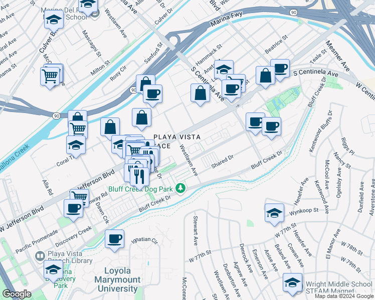 map of restaurants, bars, coffee shops, grocery stores, and more near 12534 West Fielding Circle in Los Angeles
