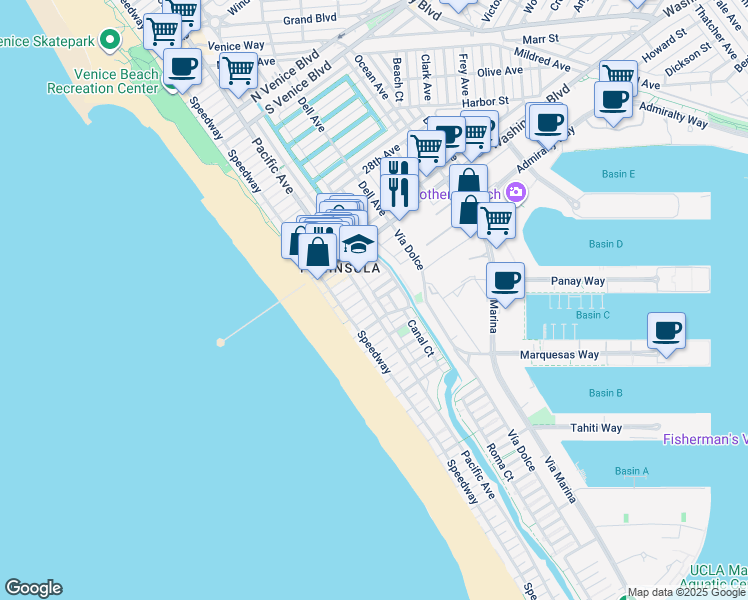 map of restaurants, bars, coffee shops, grocery stores, and more near 3400 Pacific Avenue in Marina del Rey