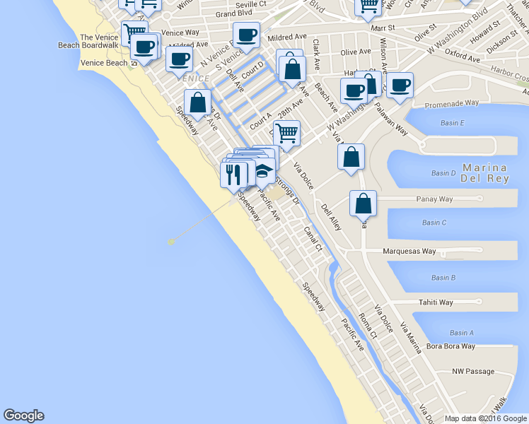 map of restaurants, bars, coffee shops, grocery stores, and more near 10 Speedway in Marina del Rey