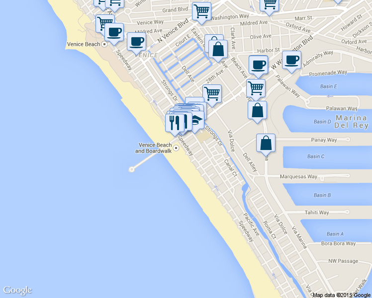 map of restaurants, bars, coffee shops, grocery stores, and more near 10 Speedway in Marina del Rey
