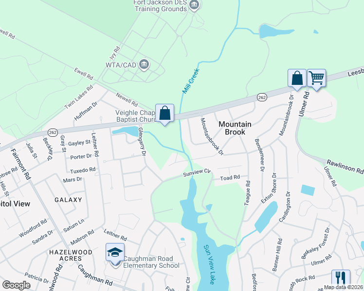 map of restaurants, bars, coffee shops, grocery stores, and more near 33 Montreat Court in Columbia