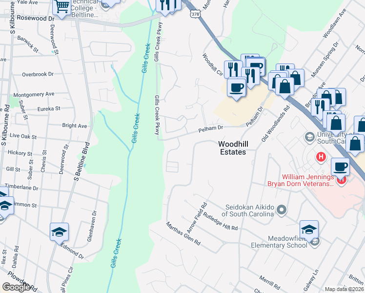 map of restaurants, bars, coffee shops, grocery stores, and more near 5817 Indian Mound Road in Columbia