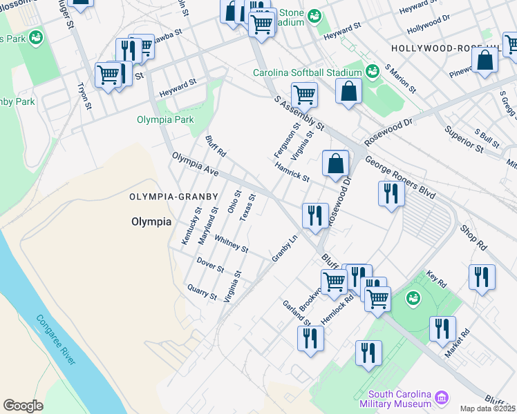 map of restaurants, bars, coffee shops, grocery stores, and more near 1007A Virginia Street in Columbia