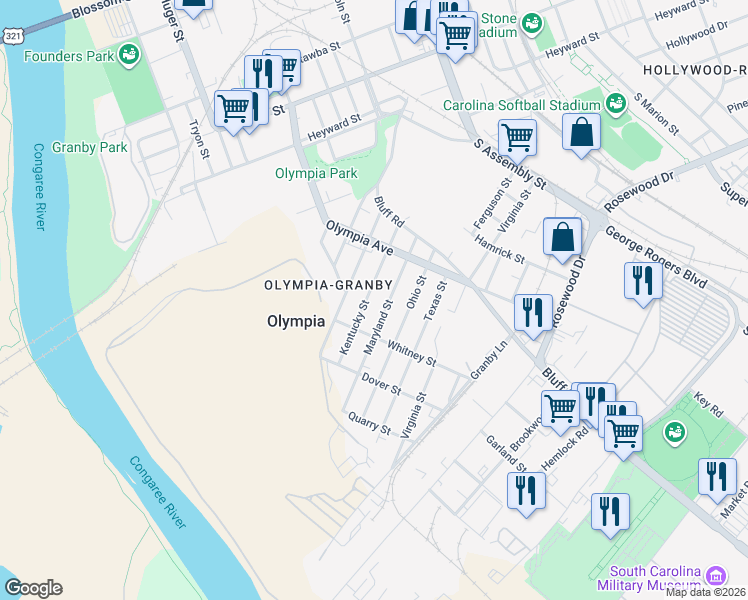 map of restaurants, bars, coffee shops, grocery stores, and more near 730 Maryland Street in Columbia