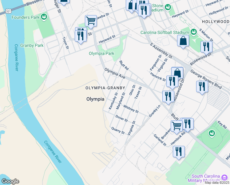 map of restaurants, bars, coffee shops, grocery stores, and more near 635 Kentucky Street in Columbia
