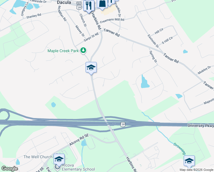 map of restaurants, bars, coffee shops, grocery stores, and more near 584 Cedar Court in Dacula