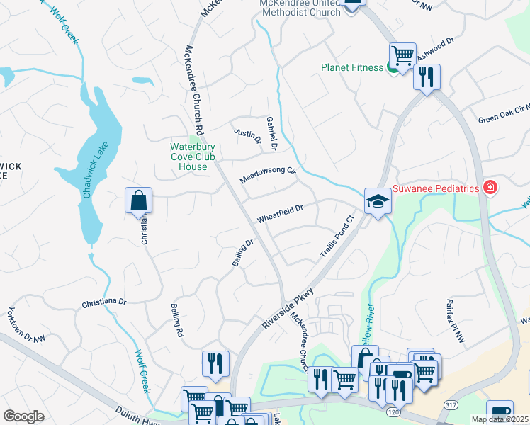 map of restaurants, bars, coffee shops, grocery stores, and more near 1445 Wheatfield Drive in Lawrenceville