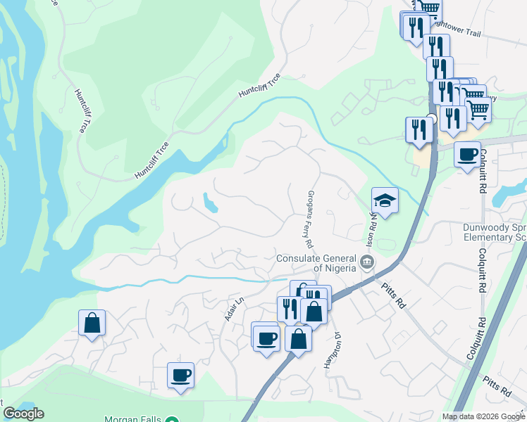 map of restaurants, bars, coffee shops, grocery stores, and more near 225 Grogans Landing in Atlanta