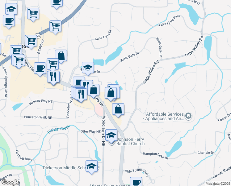 map of restaurants, bars, coffee shops, grocery stores, and more near 4724 Woodlawn Court in Marietta