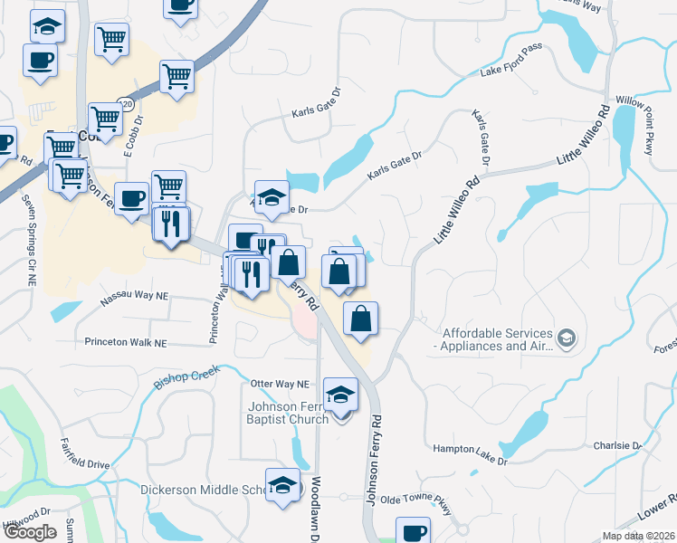 map of restaurants, bars, coffee shops, grocery stores, and more near 1150 Woodlawn Drive Northeast in Marietta
