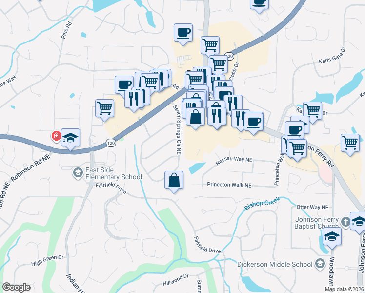map of restaurants, bars, coffee shops, grocery stores, and more near 1248 Seven Springs Circle Northeast in Marietta