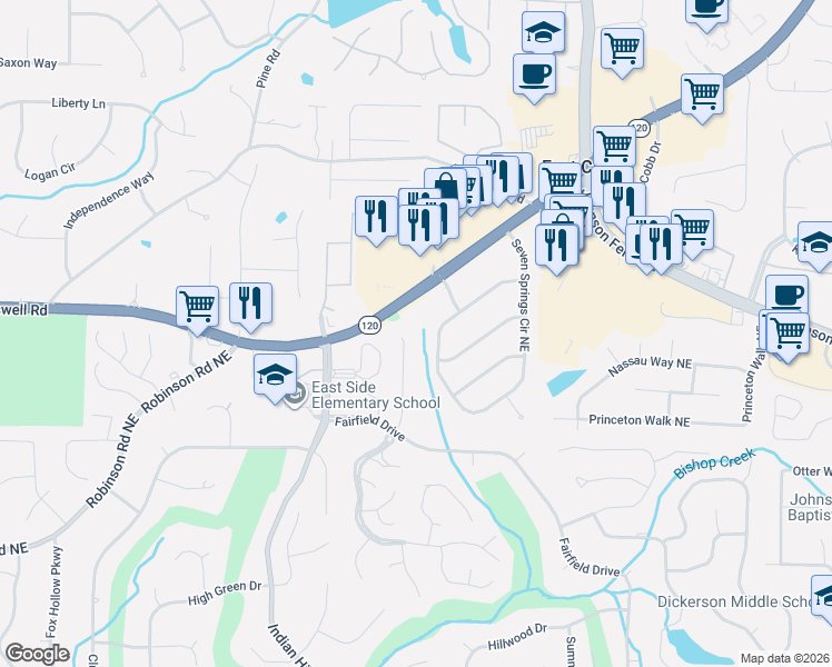 map of restaurants, bars, coffee shops, grocery stores, and more near 1170 Fielding Way in Marietta