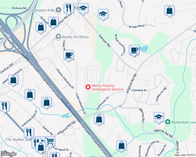 map of restaurants, bars, coffee shops, grocery stores, and more near 841 South Commons Road in Marietta