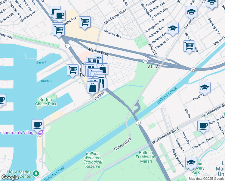 map of restaurants, bars, coffee shops, grocery stores, and more near 4834 Lincoln Boulevard in Marina del Rey