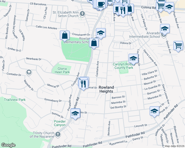 map of restaurants, bars, coffee shops, grocery stores, and more near 18245 Gallineta Street in La Puente