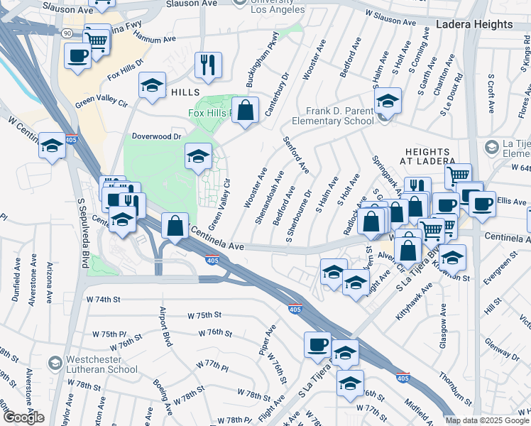 map of restaurants, bars, coffee shops, grocery stores, and more near 6650 Shenandoah Avenue in Los Angeles