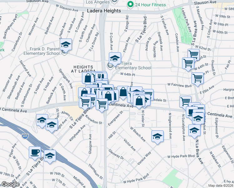 map of restaurants, bars, coffee shops, grocery stores, and more near 601 West Hillsdale Street in Inglewood