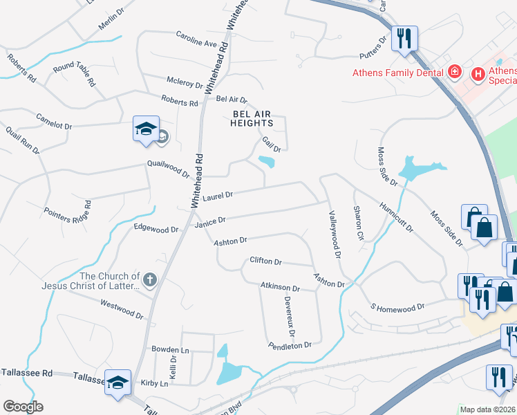 map of restaurants, bars, coffee shops, grocery stores, and more near 243 Janice Drive in Athens