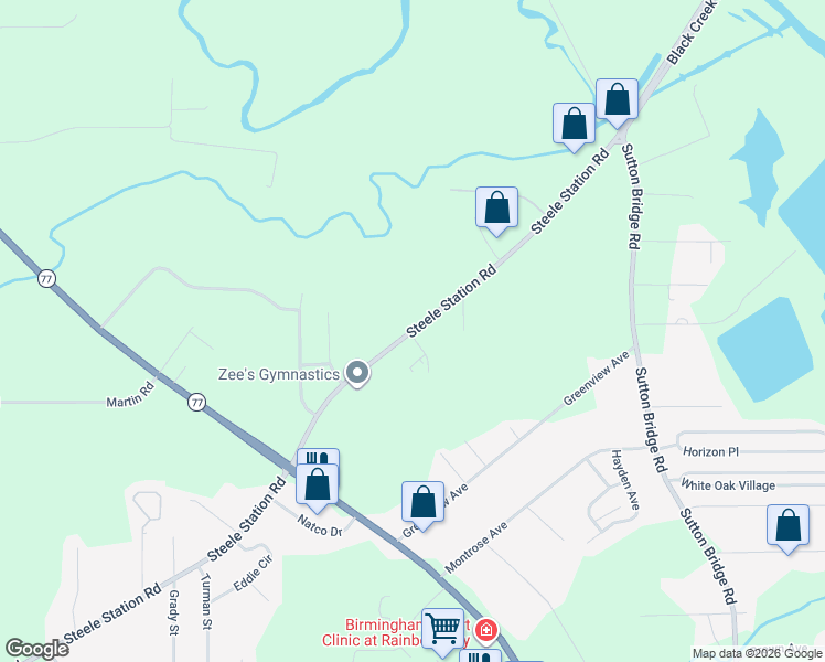 map of restaurants, bars, coffee shops, grocery stores, and more near 683 Steele Station Road in Rainbow City