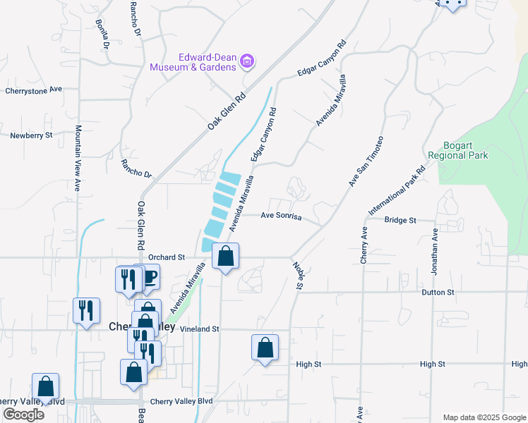 map of restaurants, bars, coffee shops, grocery stores, and more near 39620 Avenue Sonrisa in Cherry Valley