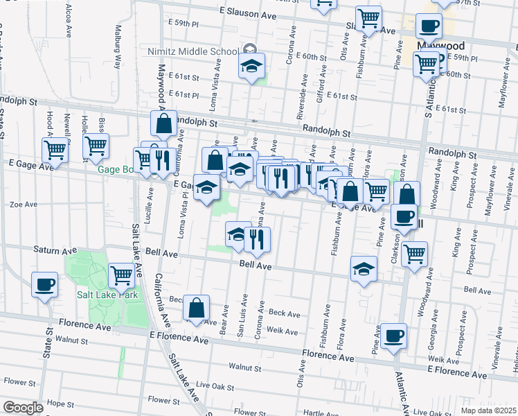 map of restaurants, bars, coffee shops, grocery stores, and more near 6423 Corona Avenue in Bell