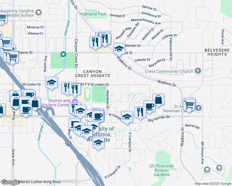 map of restaurants, bars, coffee shops, grocery stores, and more near 100 Aberdeen Drive in Riverside