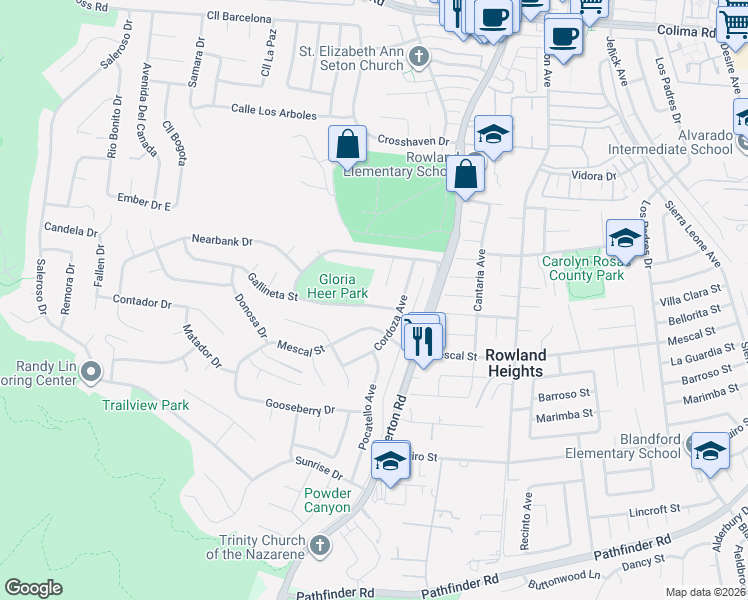 map of restaurants, bars, coffee shops, grocery stores, and more near 18147 Gallineta Street in La Puente