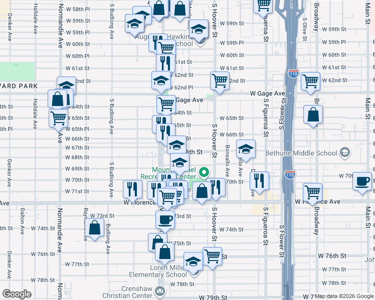 map of restaurants, bars, coffee shops, grocery stores, and more near 901 West 68th Street in Los Angeles