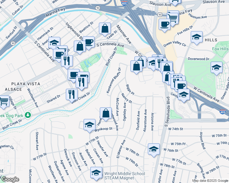 map of restaurants, bars, coffee shops, grocery stores, and more near 7132 Kentwood Avenue in Los Angeles