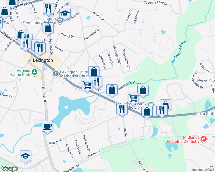 map of restaurants, bars, coffee shops, grocery stores, and more near 124 Tybo Drive in Lexington