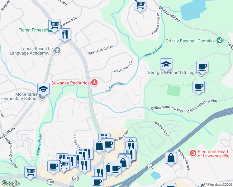 map of restaurants, bars, coffee shops, grocery stores, and more near 470 River Overlook Drive Northwest in Lawrenceville